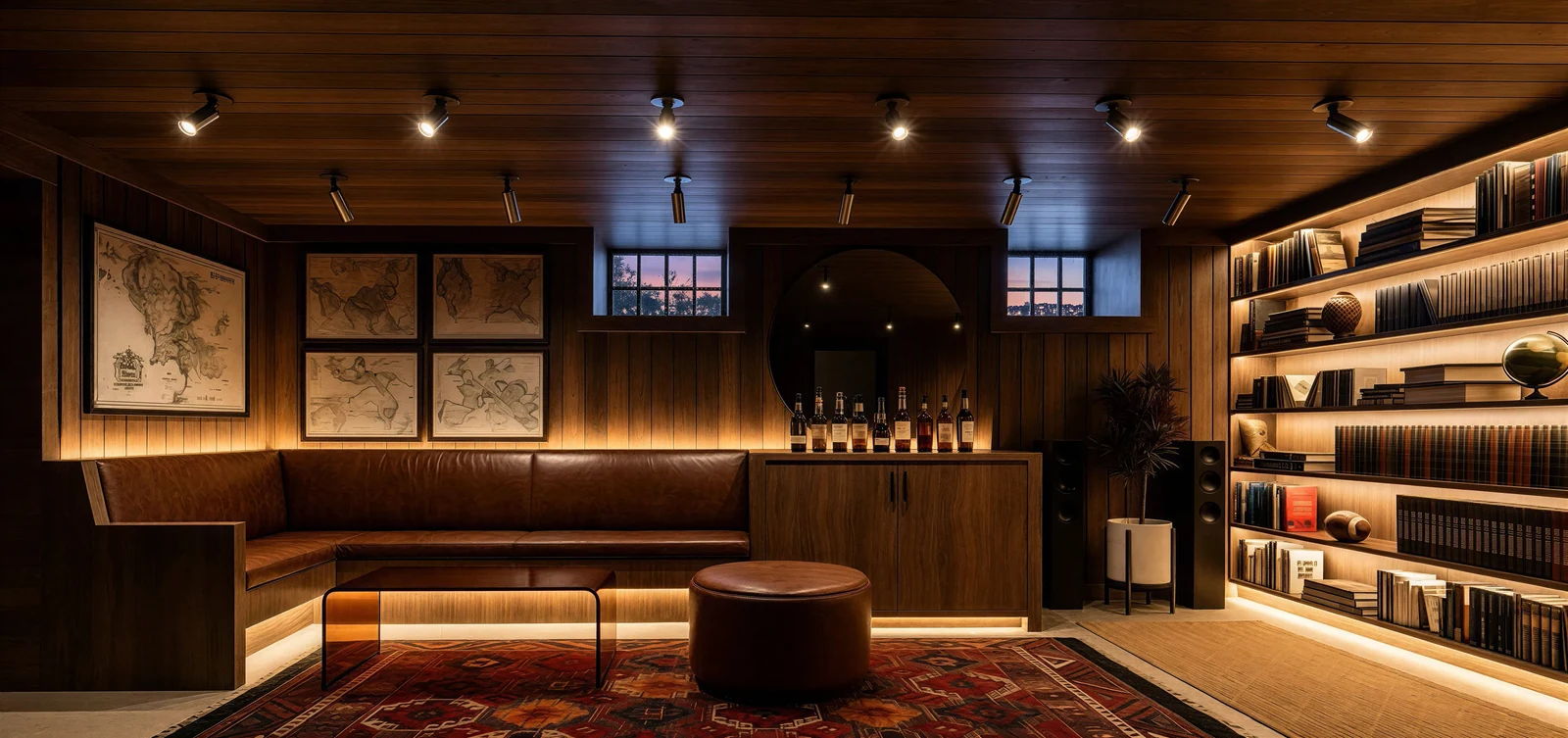 Library concept with warm wood shelving, books, leather seating, and a low table