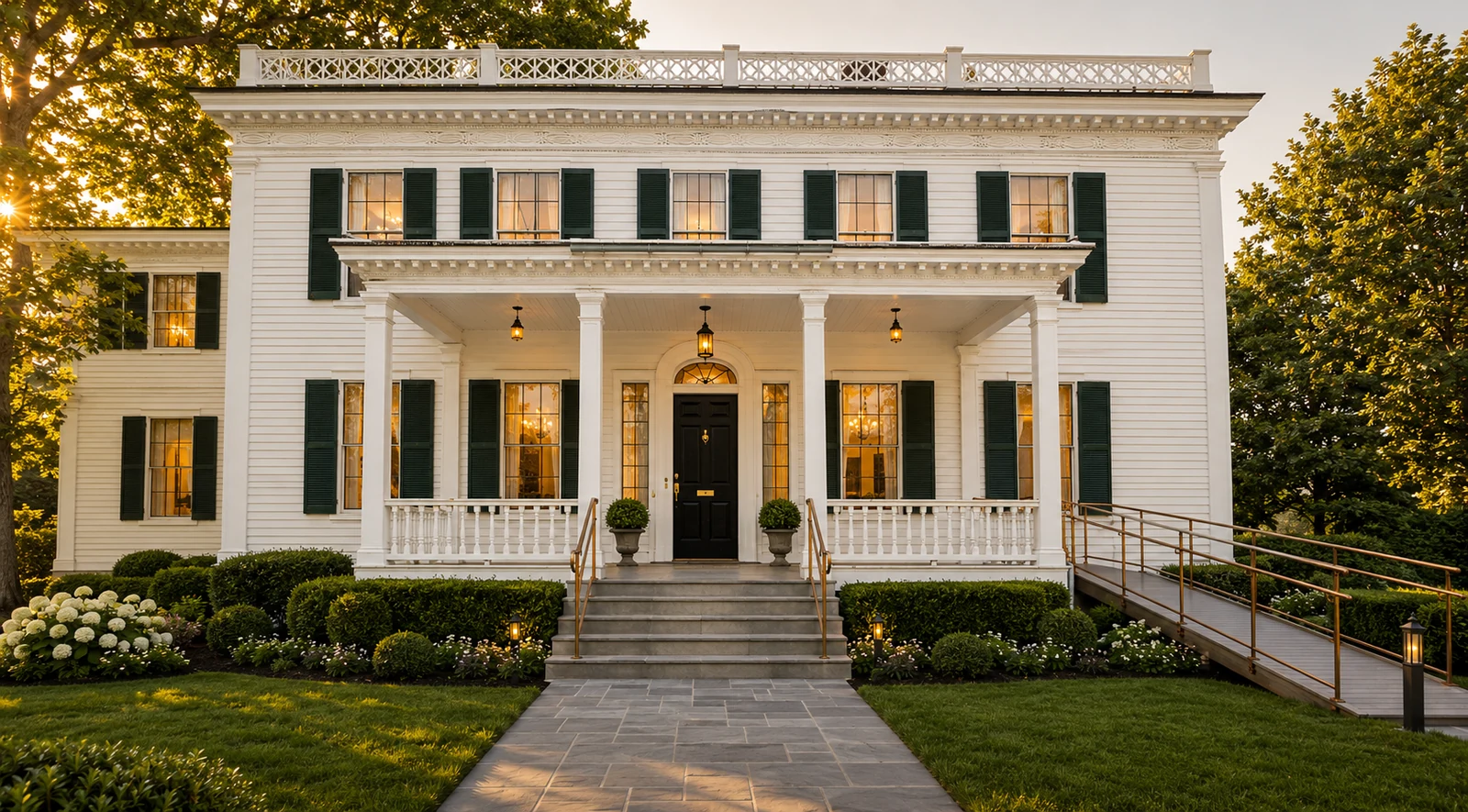 Concept rendering of Painter House’s white clapboard facade, green shutters, front porch, and garden